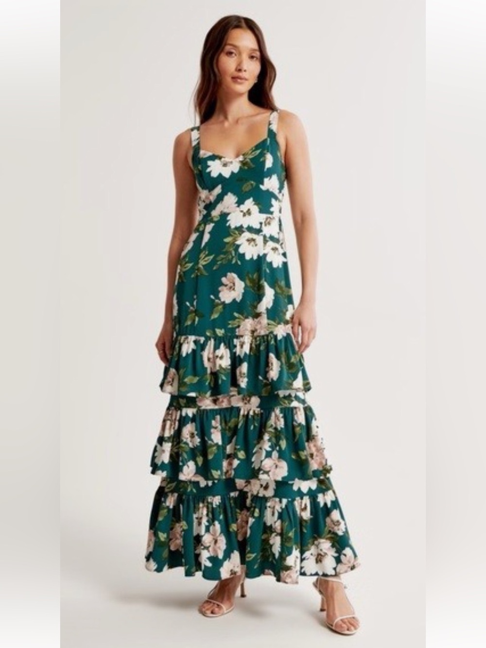 Abercrombie & Fitch Drama Ruffle Tiered Maxi Dress, Green Floral, XXS